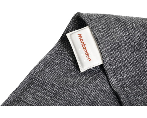 Detailaufnahme eines grauen Stoffs mit Montandor Logo