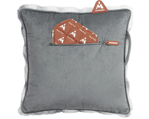 Coussin décoratif gris avec coussin chauffant et logo Montandor