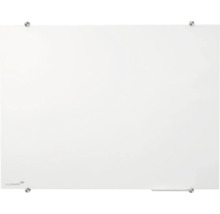 Weißes Glas-Whiteboard mit silberfarbenen Abstandshaltern