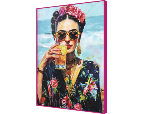 Peinture d''une femme avec des fleurs dans les cheveux, des lunettes de soleil et une boisson dans un verre