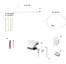 Komponenten für Bilderleisten Set: Leiste 95 cm, fünf Rahmen 13x18 und 20x30 cm, fünf Seile 150 cm, Schrauben und Zubehör