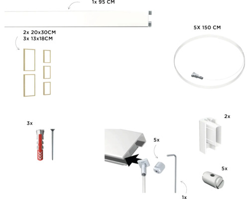 Komponenten für Bilderleisten Set: Leiste 95 cm, fünf Rahmen 13x18 und 20x30 cm, fünf Seile 150 cm, Schrauben und Zubehör