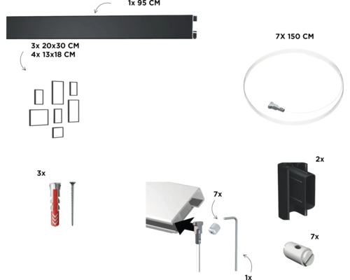 Komponenten für ein Bilderaufhängesystem, inklusive Schiene, Bilderrahmen, Seile und Befestigungsmaterial