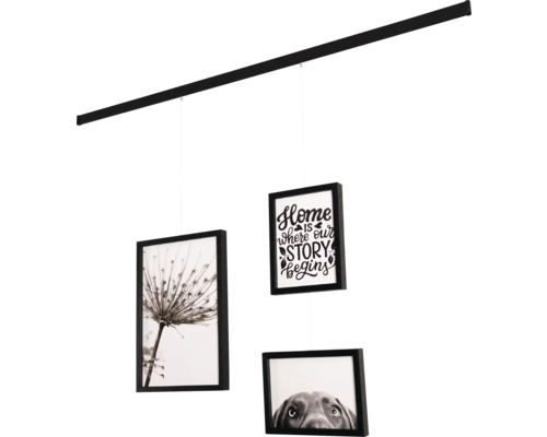 Set mur photos flexible noir 95 cm 3 photos 2x 13x18 cm 1x 20x30 cm Image d''une suspension avec trois photos sur un rail mural