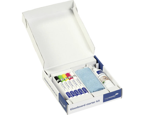 Kit de démarrage pour tableau en verre Legamaster avec marqueurs, chiffon et nettoyant dans un emballage ouvert