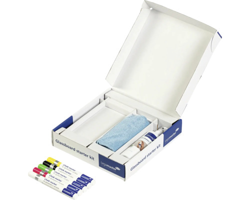 Kit de démarrage pour tableau en verre avec nettoyant pour verre, chiffon en microfibre et marqueurs craie