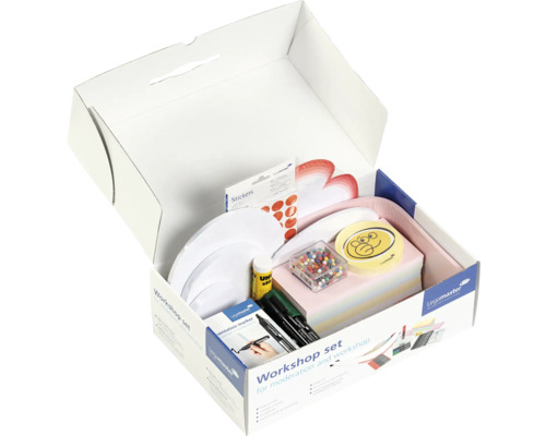 Legamaster Workshop Set mit Moderationsmaterialien in geöffnetem Karton