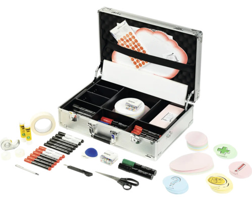 Mallette de modération avec marqueurs, ciseaux, bâton de colle et cartes de modération