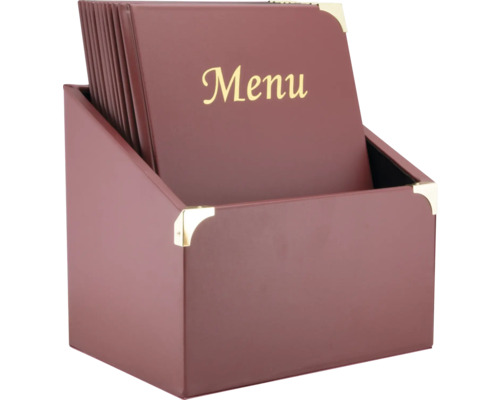 Présentoir de cartes de menu en plastique avec coins dorés et l''inscription Menu