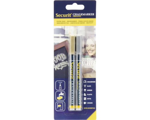 Stylos craies à pointe ronde 1-2 mm or & argent 2 pces Securit Marqueur craie, set pour l''écriture sur surfaces