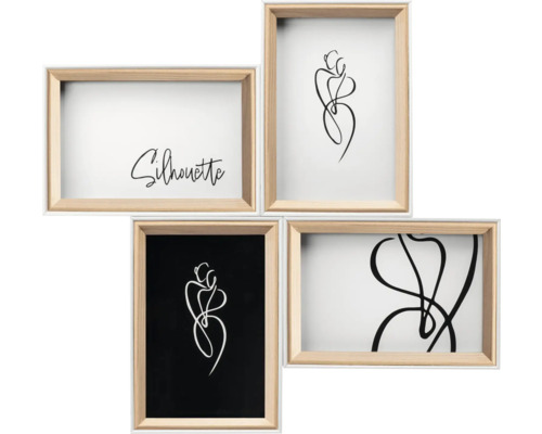 Bilderrahmen Collage Holz Silhouette beige natur 4 Fotos 10x15 cm Vier Bilderrahmen mit abstrakten Motiven und dem Schriftzug Silhouette