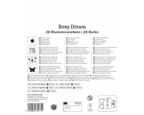Paquet de bulbes de fleurs Rosy Dream avec des informations sur le lieu de plantation, l''adéquation et les caractéristiques