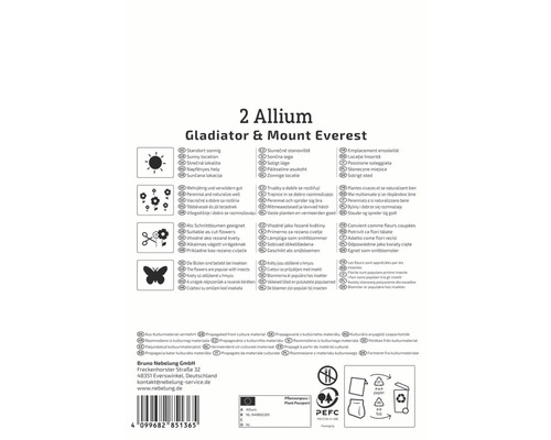 Emballage pour 2 bulbes d''Allium Gladiator et Mount Everest avec des informations sur l''emplacement, l''entretien et l''utilisation