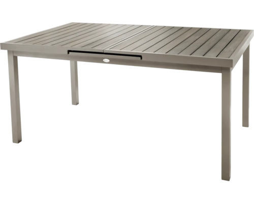 Esstisch Destiny Imola 165/215x75cm ausziehbar, Polywood-Tischplatte, taupe Ausziehbarer Gartentisch mit Holzlattenoptik und Metallgestell.