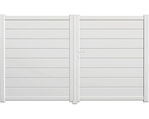 Doppeltor LO06 DIN rechts inkl. Torbänder, Drückergarnitur, Bodenstopper, Schloss, Zylinder 350 x 140 cm RAL 9016 weiß Gartentor aus Aluminium mit horizontalen Lamellen und Griff