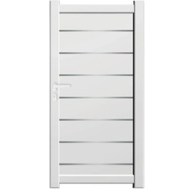 Weiße Tür mit horizontalen Zierleisten und Türgriff