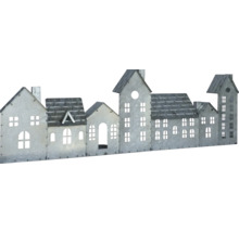 Rangée de maisons décoratives en métal avec ouvertures de fenêtres.