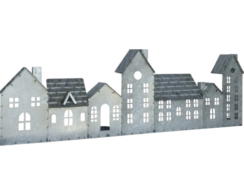 Bougeoir Lafiora maison en métal 68 x 7,5 x 22,5 cm zinc Rangée de maisons décoratives en métal avec ouvertures de fenêtres.