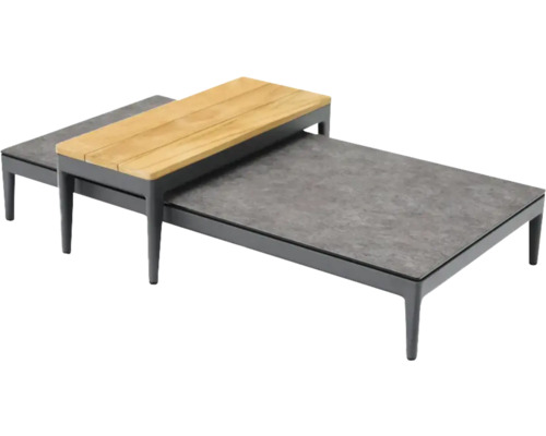 Deux tables basses grises avec plateau en bois et plateau en pierre