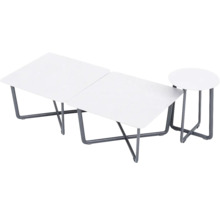 Trois tables d'appoint avec pieds en métal gris et plateaux de table
