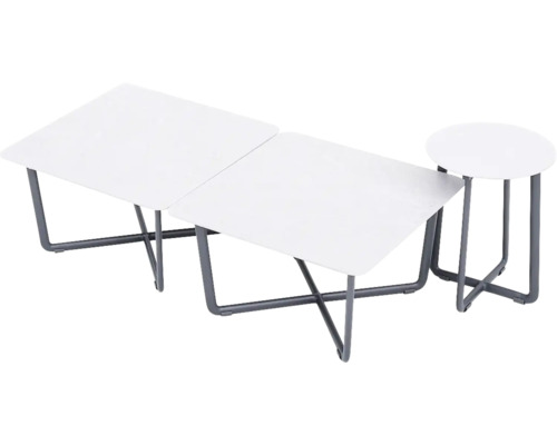 Trois tables d'appoint avec pieds en métal gris et plateaux de table
