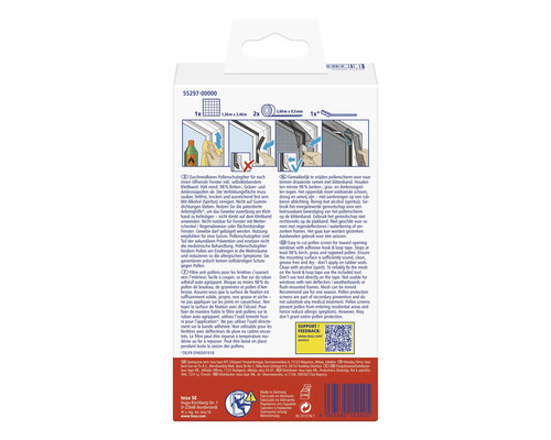 Verpackung eines zuschneidbaren Pollenschutzgitters mit Klettband zur Anbringung an nach innen öffnenden Fenstern