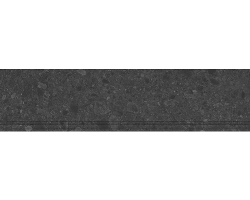 Marche d’escalier en grès cérame fin Donau 29,8 cm x 120 cm x 0,9 cm graphite mat rectifié Vue détaillée d''une surface en pierre foncée avec une structure fine et quelques inclusions plus importantes.