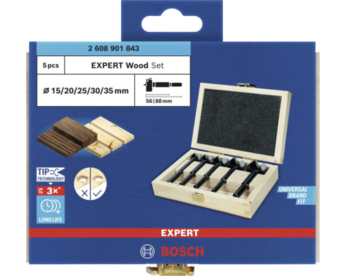 Jeu de mèches Forstner Bosch Professional ø 15, 20, 25, 30, 35 mm x 88 mm Jeu de forets à bois Bosch Expert, cinq pièces dans une boîte en bois