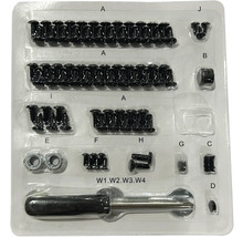 Befestigungsmaterial inklusive Schrauben, Muttern und Werkzeug in Kunststoffverpackung