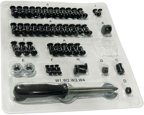 Sortiment mit Schrauben, Muttern und Schraubendreher in transparenter Verpackung