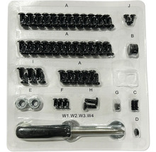 Sortiment mit Schrauben, Muttern und Werkzeug in einer transparenten Kunststoffverpackung