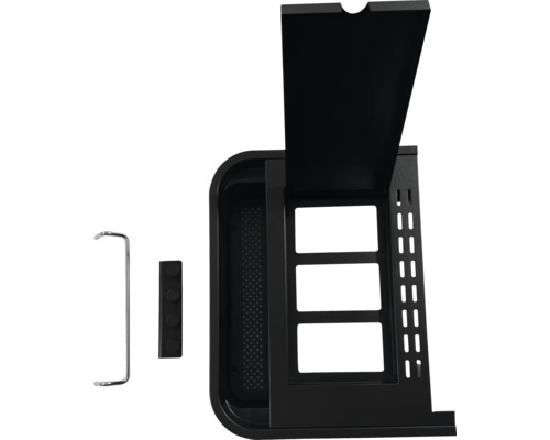 Images d''un meuble de grill noir avec accessoires.