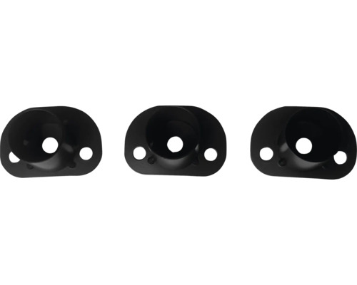 Trois rosaces de radiateur noires en métal avec trous de fixation.