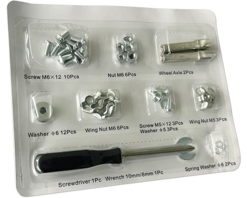 Kit d''outils avec vis, écrous, rondelles, essieu de roue, tournevis et clé dans un emballage en plastique.