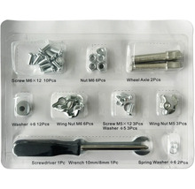 Kit de fixation avec vis, écrous, rondelles, axe de roue, tournevis et clé