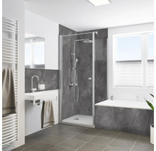 Salle de bains avec cabine de douche, lavabo, radiateur et baignoire dans un design clair et moderne