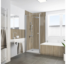 Salle de bains avec cabine de douche, lavabo, radiateur et baignoire