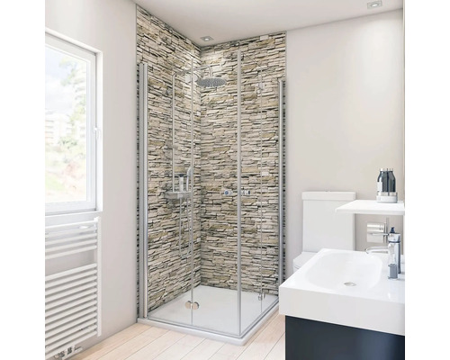 Panneau mural de douche BREUER Express Q72 aspect mur plaquette plaquette de parement clair 210 x 100 cm 1413512000202 Salle de bain moderne avec douche, lavabo et toilettes