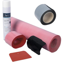 Kit d'étanchéité avec primaire hyPrime en spray, bandes d'étanchéité, pièce d'angle extérieur et spatule.