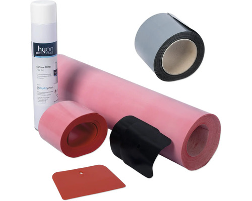 Kit d'étanchéité avec primaire hyPrime en spray, bandes d'étanchéité, pièce d'angle extérieur et spatule.