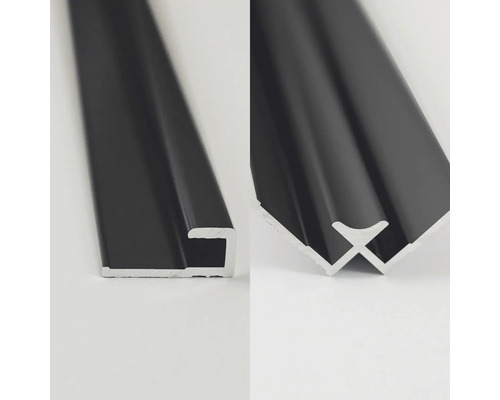 BREUER Profil-Set 1 Express Q72 für Rückwand schwarz matt Länge 210 cm 1 Eckprofil und 2 Endprofile 1446031000157 Zwei Ansichten eines schwarzen Aluminiumprofils