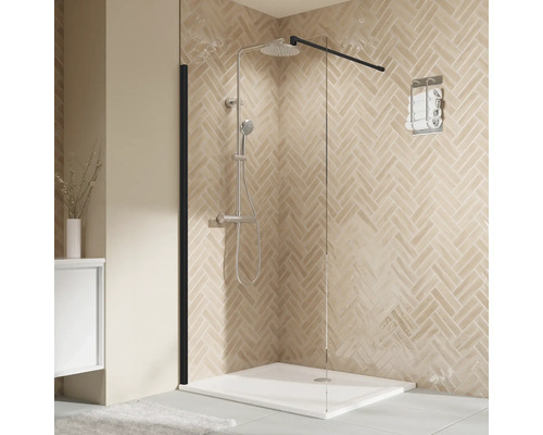 Douche à l'italienne BREUER Elana 2.0 Express Q72 profilé carré 100 x 200 cm profilé noir mat verre transparent revêtement du verre résistant à la saleté réversible Douche à l''italienne avec pomme de douche, douchette à main et porte-serviettes dans une salle de bains claire