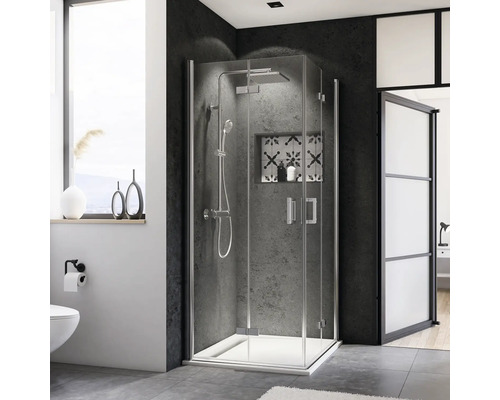 Modernes Badezimmer mit ebenerdiger Dusche und dunkler Wandgestaltung