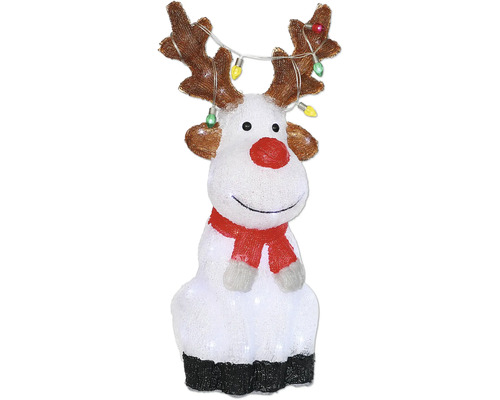 Figurine lumineuse LED Lafiora renne acrylique H 53 cm 60 LED couleur d'éclairage blanc froid sur batterie avec minuterie 6 heures Figurine décorative de renne avec bois, guirlande lumineuse et écharpe rouge comme décoration de Noël.