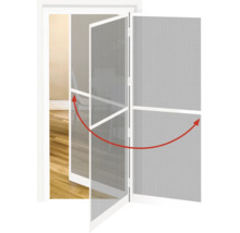 Geöffnete Insektenschutz-Drehtür mit weißem Rahmen