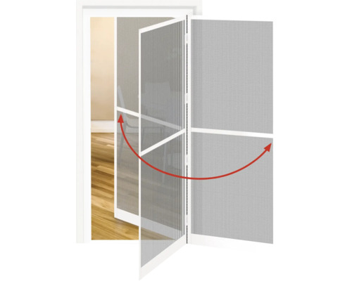 Geöffnete Insektenschutz-Drehtür mit weißem Rahmen