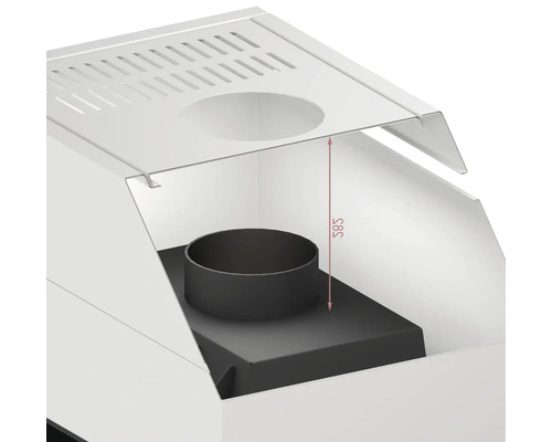 Vue détaillée d''un poêle à bois avec indication de mesure de 585 millimètres.