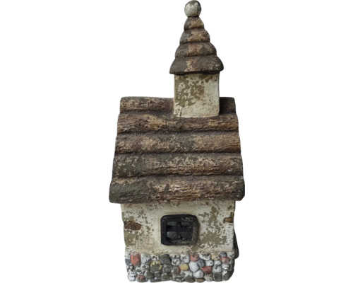 Figurine décorative de maison de jardin avec tour et détails en pierre
