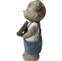 Figurine d''ours décorative en pierre artificielle avec salopette et planche de bois