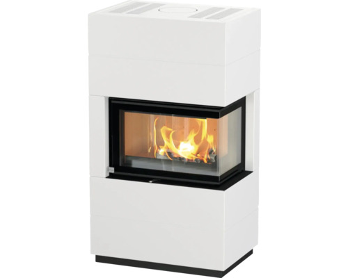 Rotheigner Kaminbausatz Zürich rechts schwarz/weiß 8 kW Kaminofen mit Sichtfenster und Feuer